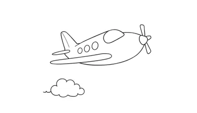 Un avión caricaturizado con tres ventanas y una hélice, volando sobre una pequeña nube, todo en blanco y negro, listo para ser una placa de color.