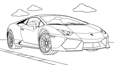 Un coche deportivo de lujo para colorear, un Lamborghini con líneas negras definidas y un cielo nublado.