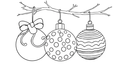 Placa de color para colorear de adornos navideños festivos en una rama de árbol.