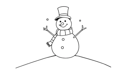 Placa de color de un muñeco de nieve sonriente con sombrero y bufanda, con estrellas a cada lado, sobre un montículo de nieve.