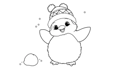 Una placa de color de un pingüino con gorro jugando en la nieve.