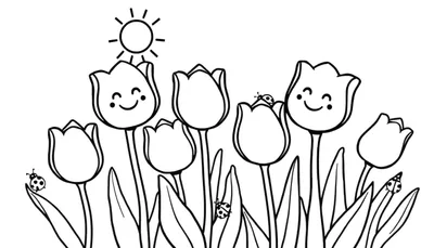 Placa de color con tulipanes sonrientes, mariquitas y un sol.