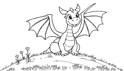 Una placa de color para colorear de un dragón amigable sentado en una colina.