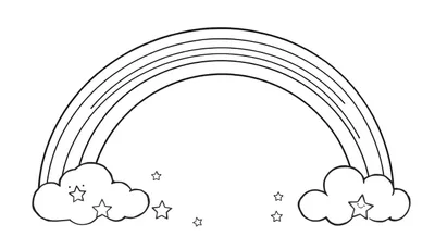 Placa de color de un arcoíris amigable con nubes de algodón de azúcar y estrellas sonrientes.