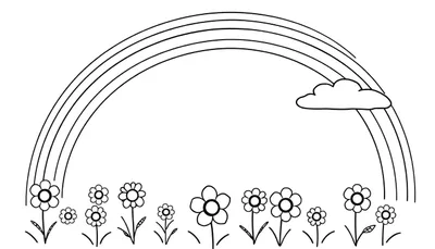 Placa de color con un arcoíris, una nube y flores.
