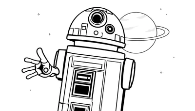 Droid amistoso en su placa de color listo para la aventura espacial.
