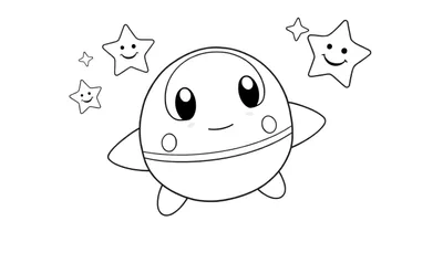 Placa de color: Un planeta adorable con ojos grandes y una sonrisa flotando entre estrellas amistosas.