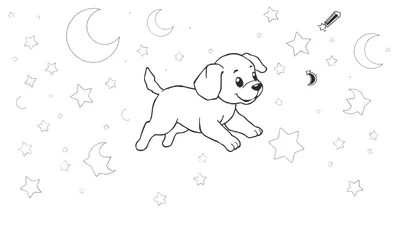 Placa de color de un cachorro feliz jugando en un cielo nocturno con estrellas y lunas.