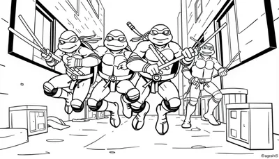Tortugas Ninja listas para colorear en una placa de color, sujetando sus armas.