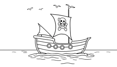 Placa de color de un barco pirata amigable con una vela de calavera y tibias cruzadas, navegando en aguas tranquilas con gaviotas volando.