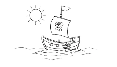 Placa de color de un barco pirata amigable navegando en un mar con un sol radiante.