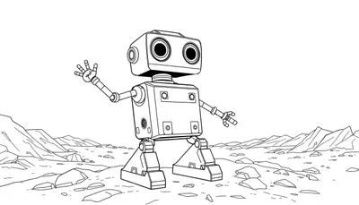 Placa de color de un robot explorador amigable en un planeta alienígena.