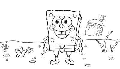 Bob Esponja sonriendo en un dibujo a lápiz blanco y negro, listo para colorear, con su casa de piña y amigos del mar. ¡Una obra de arte para colorear!