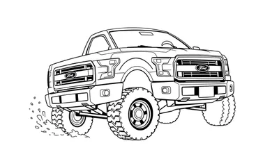 Placa de color de un camión Ford F-150 con neumáticos grandes salpicando barro.