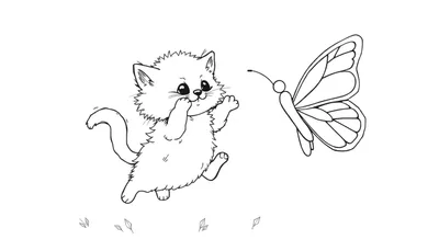 Placa de color de un gatito juguetón persiguiendo una mariposa con hojas en la parte inferior.