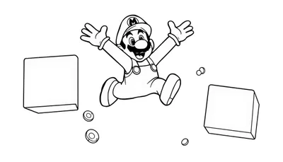 Placa de color: Mario saltando con los brazos extendidos y una placa de color con monedas flotantes y bloques.