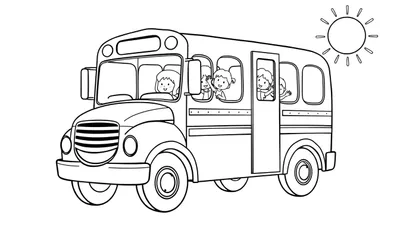 Placa de color de un autobús escolar amigable con niños saludando.