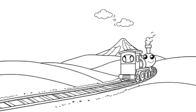 Una placa de color con un tren de vapor sonriente viajando por un paisaje montañoso con nubes.