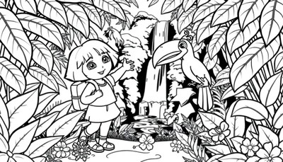 Placa de color de Dora la Exploradora y Botas saludando en la selva cerca de una cascada con un tucán.