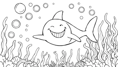 Placa de color: un tiburón sonriente nada entre burbujas y plantas marinas.