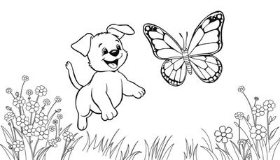 Un cachorro juguetón persiguiendo una mariposa en un prado soleado, diseño lineal para colorear en blanco y negro de la placa de color.