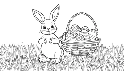 Placa de color de un conejito de Pascua con una cesta de huevos de Pascua.
