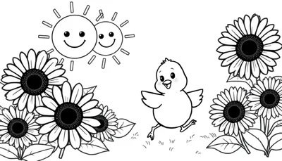 Pollito corriendo entre girasoles bajo dos soles sonrientes en una placa de color