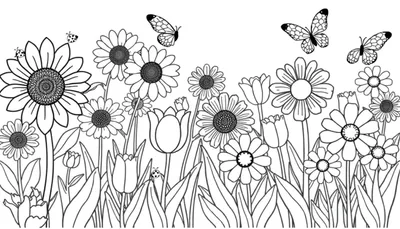 Placa de color de un campo de flores con girasoles, margaritas, tulipanes y mariposas volando.