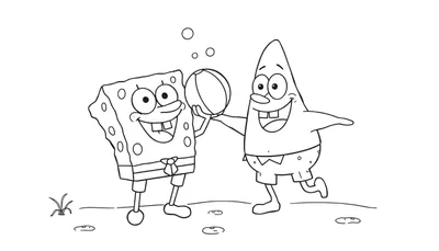 Placa de color de Bob Esponja y Patricio jugando a la pelota en la playa.