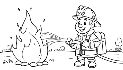 Una placa de color de un bombero caricaturesco sonriendo mientras apaga un fuego con una manguera.