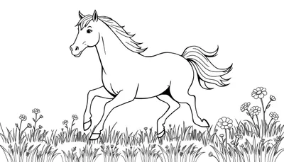 Placa de color de un caballo blanco galopando feliz por un campo de margaritas.