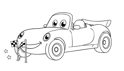 Coche de carreras a color para colorear con banderas y estrellas