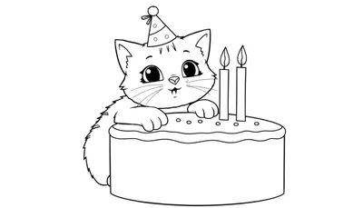 Placa de color de un gatito blanco con gorro de fiesta soplando velas en un pastel de cumpleaños.