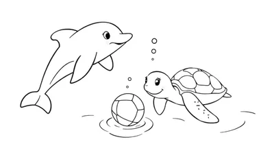 Placa de color de un delfín y una tortuga jugando con una pelota en el agua.