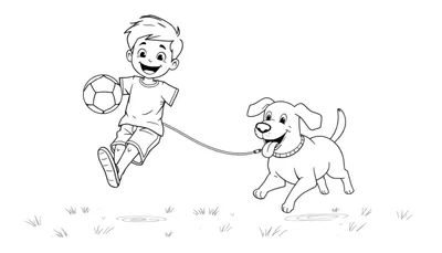 Placa de color de un niño y un perro jugando al fútbol.