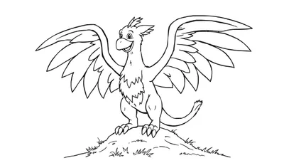 Dragón de dibujos animados amigable con alas abiertas en una colina, listo para colorear.