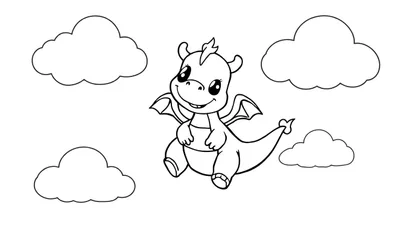 Placa de color de un dragón de dibujos animados volando entre nubes.