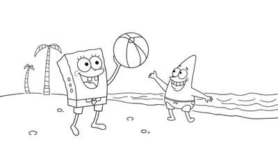 Placa de color de Bob Esponja y Patricio jugando en la playa.