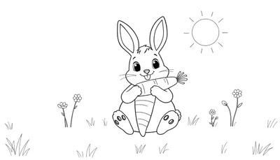 Placa de color de un conejito adorable con orejas largas y ojos grandes, sentado y abrazando una zanahoria gigante con frondas, bajo un sol brillante rodeado de hierba y flores.