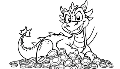 Placa de color de un dragón sonriente sentado sobre monedas.