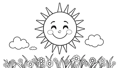 Placa de color: Un sol sonriente con nubes y flores.