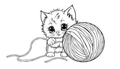 Placa de color de un gatito dibujado a mano jugando con un ovillo de lana.
