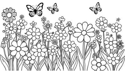 Placa de color de un jardín con flores y mariposas para colorear.