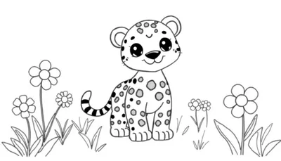 Un guepardo de dibujos animados listo para colorear en una placa de color con flores.