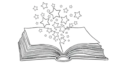 Placa de color de un libro mágico abierto de donde salen estrellas.