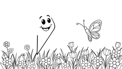 Placa de color de un rayo sonriente persiguiendo una mariposa entre flores.