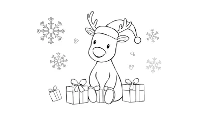 Una placa de color de un adorable reno navideño sentado con un gorro de Papá Noel, rodeado de regalos y copos de nieve.