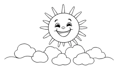 Placa de color: un sol sonriente y amigable flotando sobre nubes esponjosas.