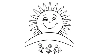 Placa de color: un sol sonriente asomándose por una colina con flores.