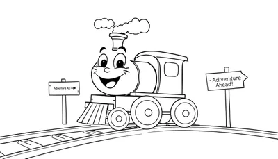 Placa de color de un tren de dibujos animados sonriente en una vía con señales de aventura.